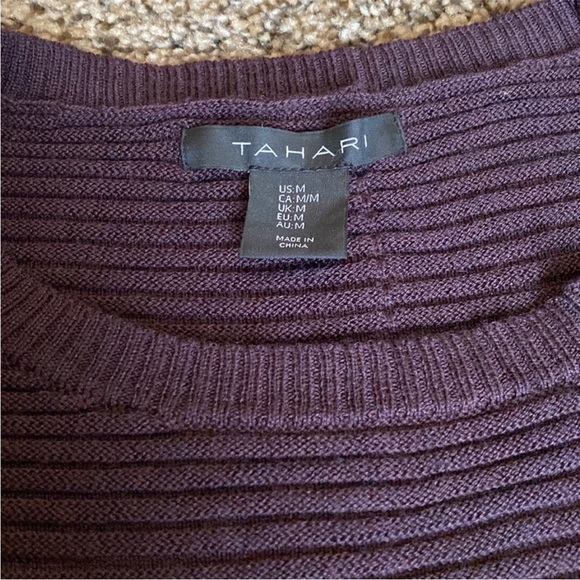 Tahari purple ribbed wool blend sweater with button accent on back - Picture 3 of 7